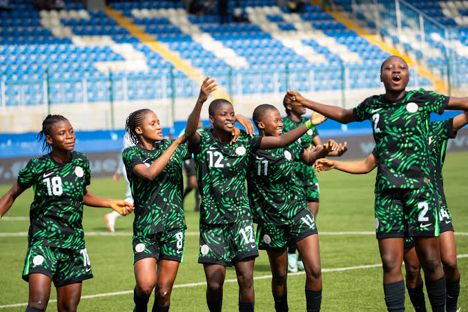 Nigeria’s Flamingos celebrating in their green Nigeria kit at the U-17 Women’s World Cup